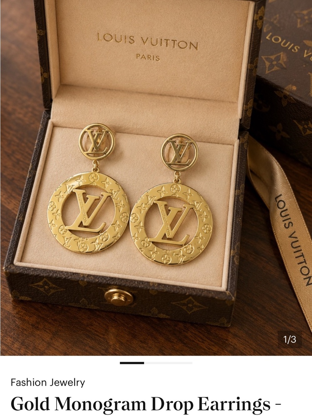 Louis Vuitton Gold LV Monogram Round Drop Earrings - Picture 2 of 3